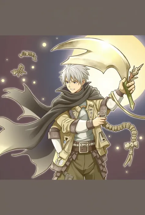 adult,Young,man,anime,gray hair, large glass blade sickle,standing,