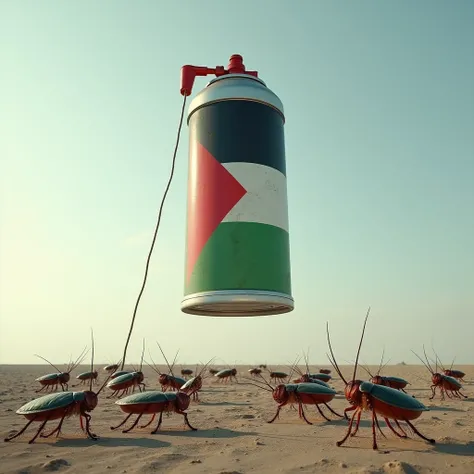 Giant spray can in the sky with Palestine flag motif ,spraying gas on cocroache with Palestine flag motif 