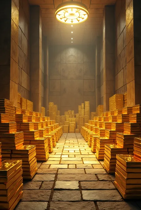 A large walk-in vault full of neatly stacked gold and silver bars.