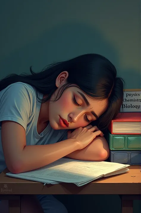 A girl image who is neet aspirant with looking tired and sleeping with book of physics chemistry and biology and a nameplate on table of Dr ritika singh 