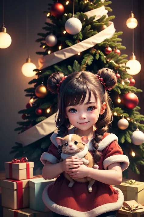 Absurd, High resolution,  (1 child:1.3),Twin bun hairstyle,Wear adult knitwear, (The vivid expressions are surprisingly realistic, Smile), Holding a cute mouse dressed as Santa Claus,Christmas Scene, Christmas colored ribbon, In front of the Christmas tree...