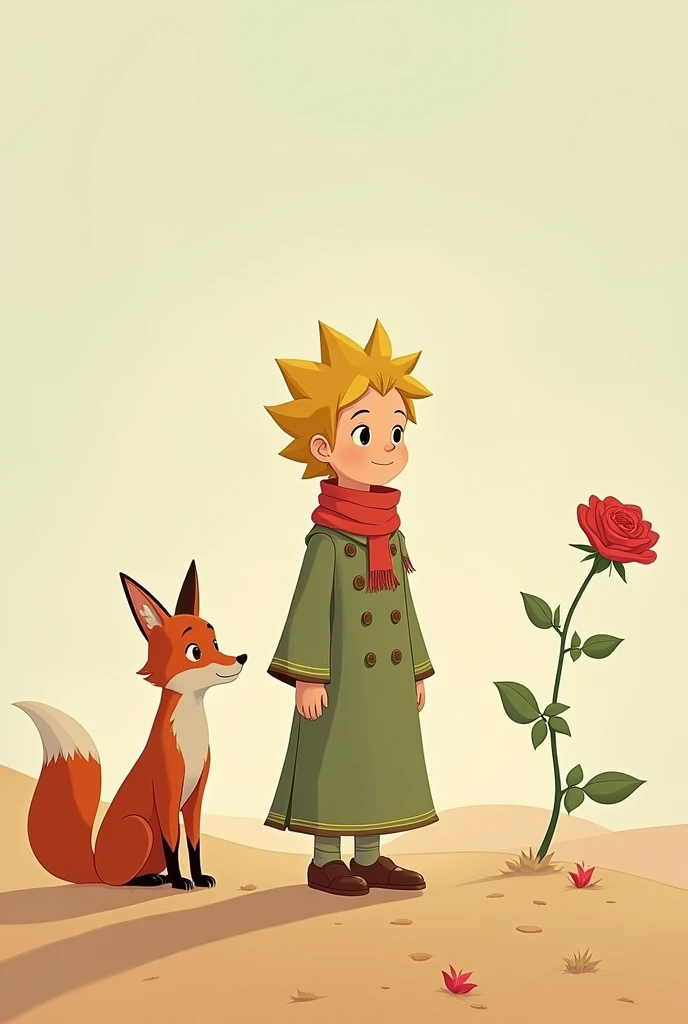 Une image inspirer du petit prince, avec le petit prince au premier plan, avec le renard et la rose dans le fond