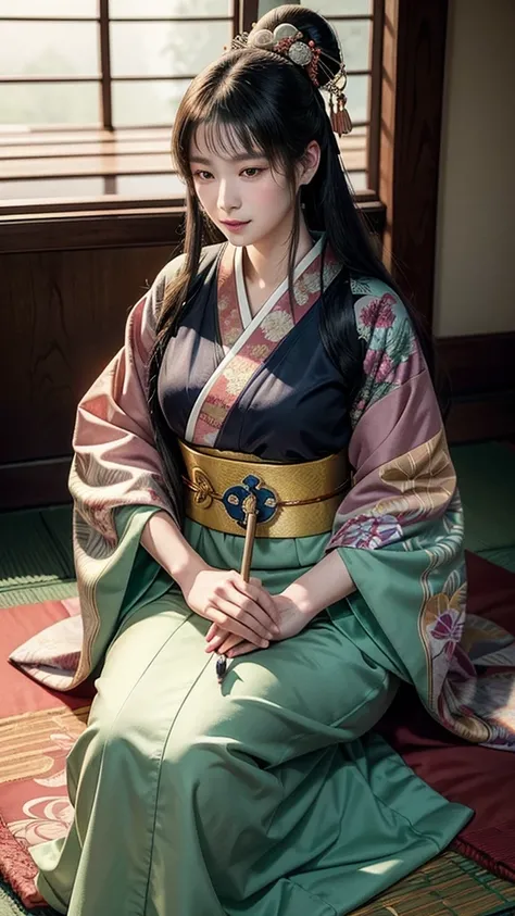 Illustration of Sei Shonagon in the Heian period, sitting elegantly in a traditional Japanese palace. She holds a brush and a scroll, dressed in a luxurious kimono with vibrant colors. She has a calm, intellectual expression, and her figure is graceful. Th...