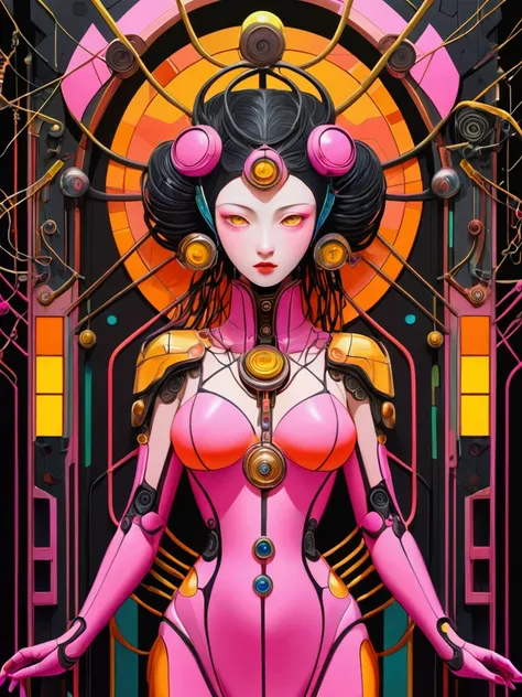 collage painting, many robot geishas, wires, buttons, circuits, vines, twigs, nature, science, dramatic, sexy, romanticism, cyberpunk, neo-classical, experimentalism, baroque, impressionism, expressionism, unexplained beauty, avant garde, art deco, art nou...