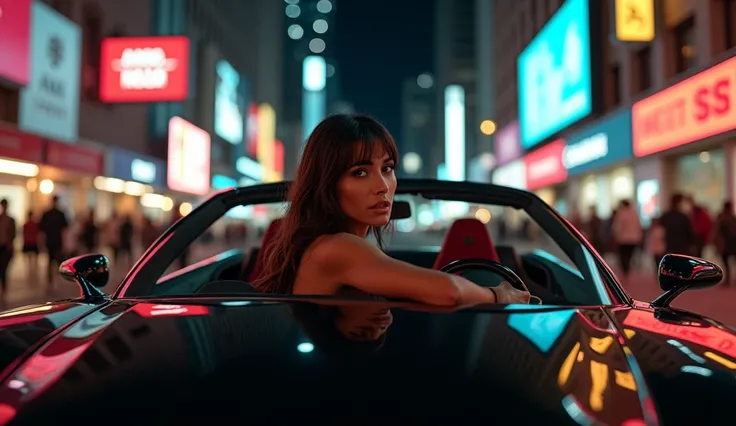 Envision a glamorous night where a beautiful woman, donned in a shoulder-less  dress with clip-in bangs and a great physique, takes the wheel of a sleek Black Ferrari. Navigate through the vibrant city streets, alive with people and framed by towering skys...