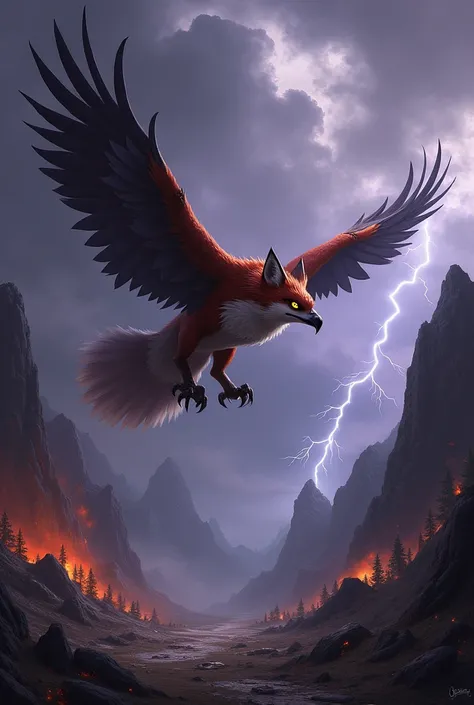 .Here’s a detailed prompt for a hybrid image of a fox and an eagle with a dangerous and scary background:

---

In the midst of a desolate, storm-torn wilderness, a terrifying hybrid creature takes flight. This beast combines the cunning agility of a fox w...