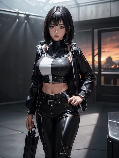 Shizuna、最high quality、high quality,, ((Masseter muscle area)), ((High resolution)), ((最high quality)), detailed, ((Glowing Skin)), ((huge 、Black-haired、Short Bob))、(Shiny Black Bondage, Shiny black hot pants, White jacket), Voluptuous bust, Exposed navel, ...