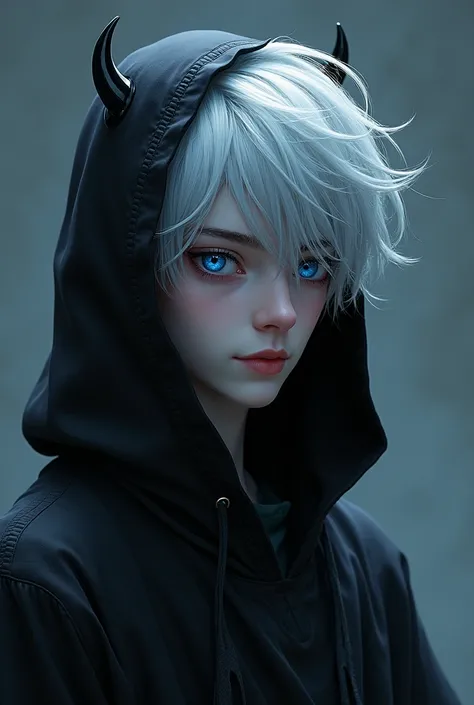 Male in his 20s, left eye is black、His right eye is sky blue, his hair is silver, he wears a black hoodie and is dressed in a devil-themed outfit, and he is skinny. 