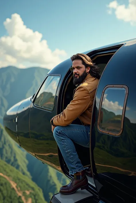 "Create an image of a 6.2 feet tall, handsome man with brown-black long hair and a beard, resembling the reference character. The man, dressed in a camel-colored jacket and blue denim, is in the pilot seat inside his shiny black jet. The camera view is fro...