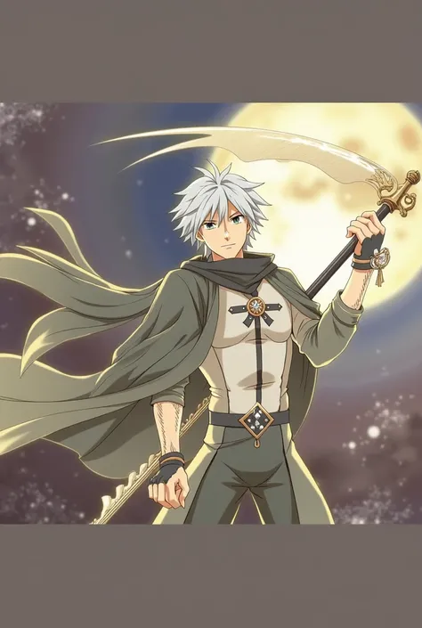 adult,Young,man,anime,gray hair, large glass blade sickle,standing,