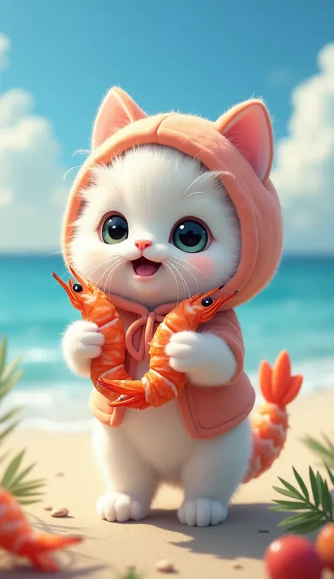 Fluffy white cat in a shrimp costume、Holding shrimp in both hands。The background is the coast