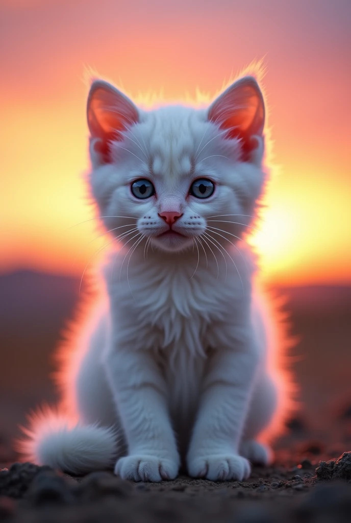 The cutest and most beautiful white kitten in the world、Realistic、Bold composition、Cinematic lighting、Everyone is fascinated、sunset