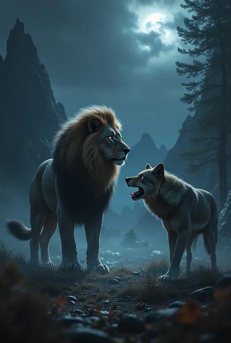 Lion and wolf with dark night background on 