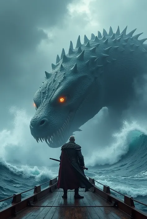 A cinematic 4k photo of a Viking ship on a stormy sea. The ship is caught in a whirlpool created by a giant sea serpent with glowing red eyes. The serpents massive size fills the scene, with its head and body emerging from the depths of the ocean. The wate...