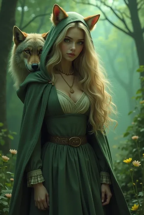 green color, beautiful woman, женщина-wolf, blond hair, woman full length, wolf, женщина и wolf, подруга wolfа, checkered dress, красная шапочка и wolf, speckled dress, hooded cape, adult little red riding hood, fairy tale, fairy tale про красную шапочку, ...