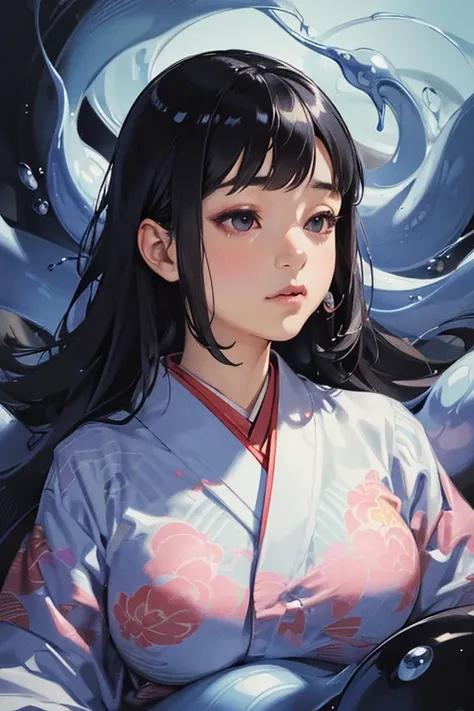 ((Best Quality)), ((masterpiece)), (detailed), Japanese,Young Girl,Glaring,Front face,(Wearing a kimono:1.2),(A large amount of clear saliva overflows from the mouth.、Dripping from the chin.:1.6), (The girl has her mouth open:1.2),Black Eyes,Black Hair,The...