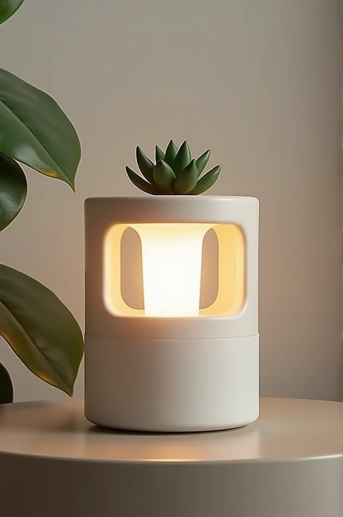 Create a lamp that the light in the middle of it was a mosquito or insect killer. It should be aesthetic, minimalist with a succulent pot feature on top of it