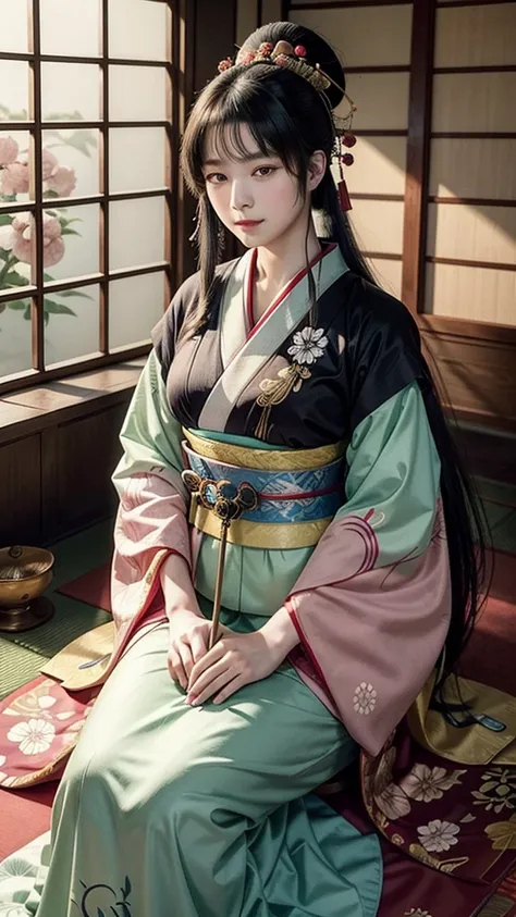 Illustration of Sei Shonagon in the Heian period, sitting elegantly in a traditional Japanese palace. She holds a brush and a scroll, dressed in a luxurious kimono with vibrant colors. She has a calm, intellectual expression, and her figure is graceful. Th...