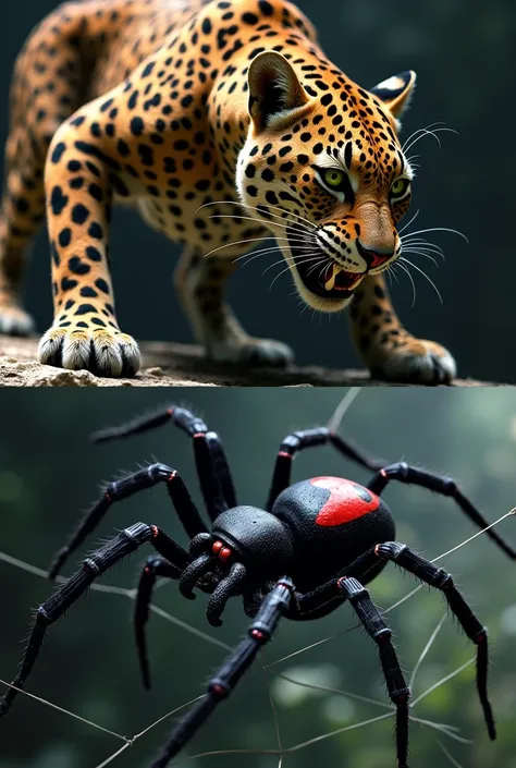 "Create two separate images, one of a leopard and one of a black widow spider, both with a dangerous and predatory appearance. The leopard should be crouched, muscles rippling under its spotted coat, eyes locked onto its prey with a deadly focus. Its mouth...