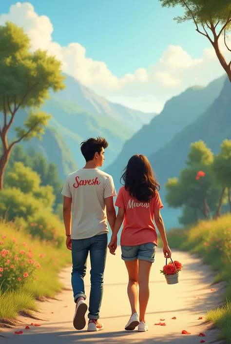 A boy of age 18 of height 55 and girl of age 17 of height 51 , are walking on a beautiful road with beautiful view other girl is chubby and fat with curly hair and boy is fit with very simple hair style , on girl tshirt Mrunal is written and on boy tshirt ...