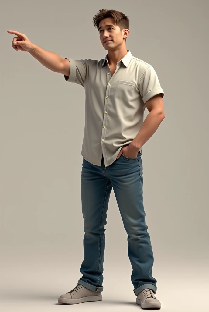 A highly realistic man with short brown hair and a medium build, wearing a casual shirt and jeans. He is standing naturally with one arm extended, pointing at something with his index finger. His facial expression is neutral, and his posture is relaxed. Th...