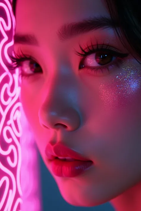 Close-up of a beautiful realistic female face. Thai language. Amber eyes with pink glitter eyeshadow. Long thick eyelashes. Light pink lipstick. Half of the face is covered with an intricate pink tattoo pattern made entirely with neon lights.