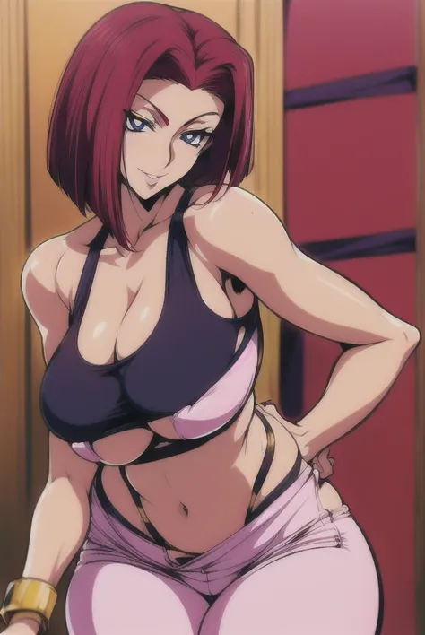 Kallen Kozuki,Big breast,Milf,((Eyeshadow)),((Proffesional make up)),red Lipstic,Stud earring,Hoopa bracelet,Lowrise thin pants,Dark red hair,((Blue eyes)),Enchanted big breast,Curvy figure,Wide hip,Thick lips,Long nail,Body facing front,Thick tights,eyesh...