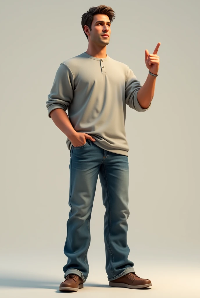 A highly realistic man with short brown hair and a medium build, wearing a casual shirt and jeans. He is standing naturally with one arm extended, pointing at something with his index finger. His facial expression is neutral, and his posture is relaxed. Th...