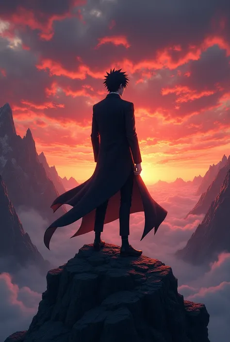 Obito Uchiha Standing on a mountain watching sunset in black suit 