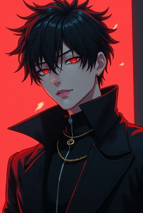 Create an extremely handsome character with the style of Gojo from Jujutsu Kaisen and Sasuke from Naruto as an affiliation to this very handsome arrogant character with black hair, very hypnotic intense red eyes with a unique style, pale and shiny skin lik...