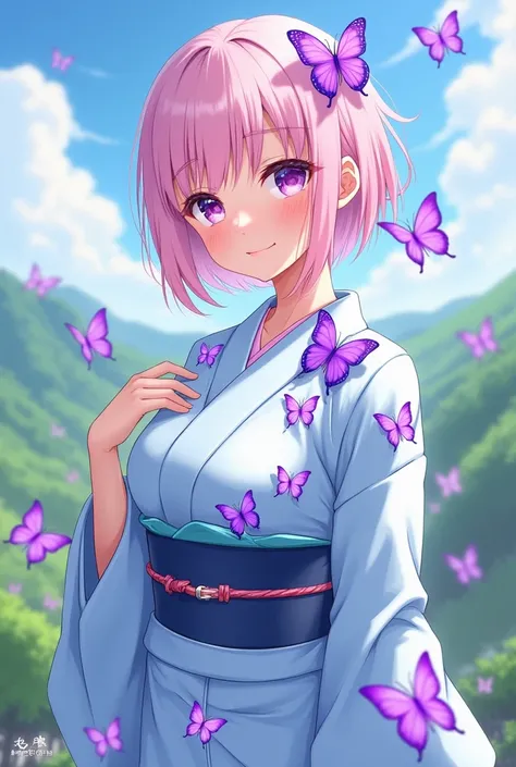 Moe art、A light blue yukata with purple butterflies on it、Big Breasts、valley、Pink hair short