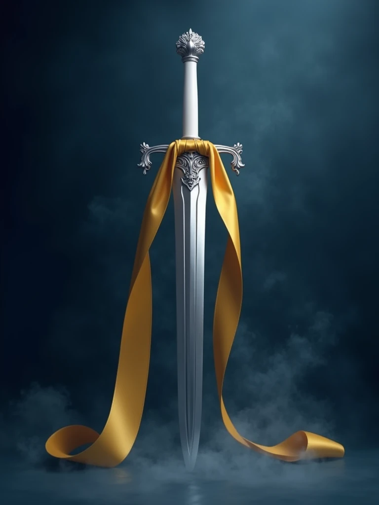 shiny metal sword inclined at 45º with white handle and long golden yellow satin ribbon with M tip shape tied to the white handle and hanging forming 45º with the sword. With a smoky dark blue background