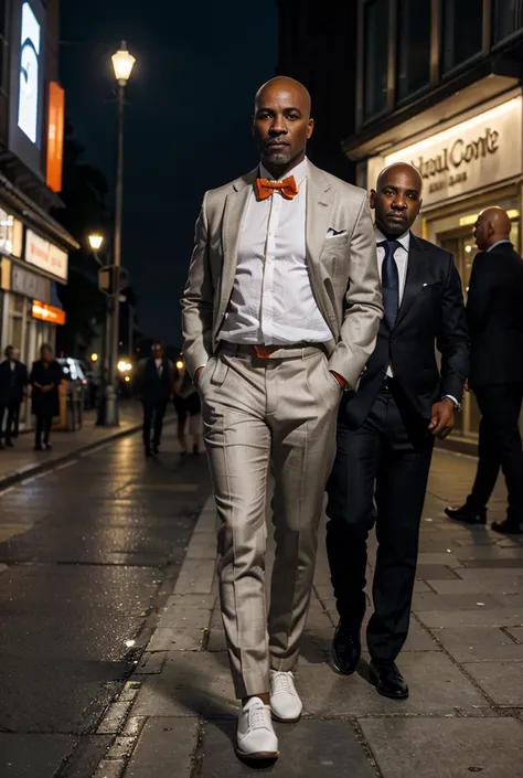 ( Photorealism 1,2) Middle aged black man, bald, formal and very expensive clothes, white shoes, european city with orange light at night