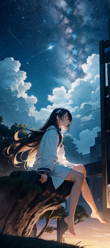 octans, Twinkling Star々Painted on a vast, sky-filled background, Creating a tranquil night view.  Girl Statue, sitting under a tree, Looking up at the starry sky. Her long hair flows down, Blends into the silhouette of the city in the background. The city,...