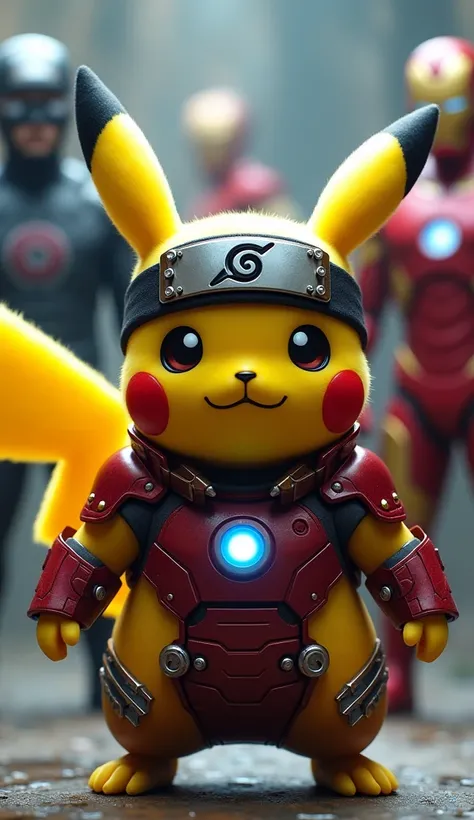 Pikachu, with Naruto mixed style wearing Konoha Ninja Headband with iconic style ironman costume, behind there are ironman and naruto figures, full body view, super realistic and detailed, super cinematic, 4k.