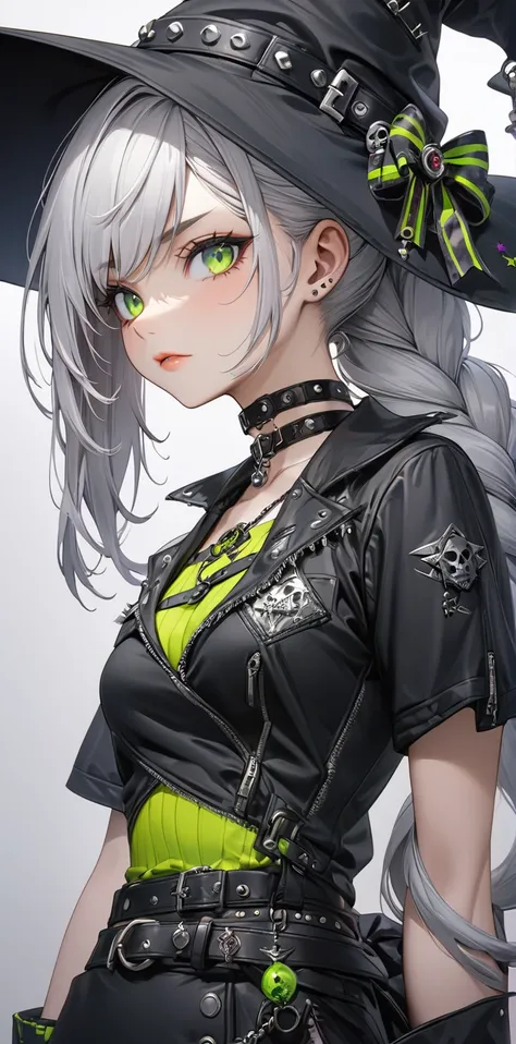 Ultra high resolution, rich colors, perfect image, best quality, detailed image, beautiful single woman, glowing skin, skin and clothing texture, delicate eyes, punk girl, choker, punk witch, witch hat, (((silver hair braided in one ponytail))), green eyes