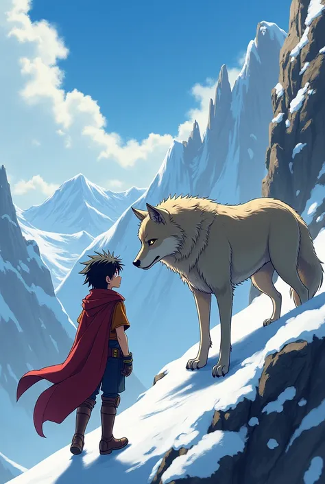 Anime guy with animal wolf on slope