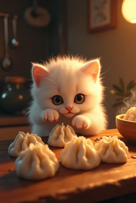 Kitten eating dumplings