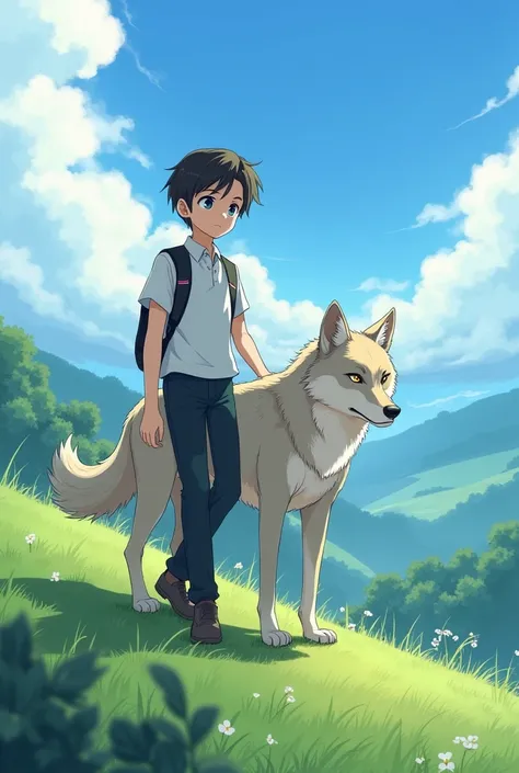 Anime high school boy with animal wolf on slope