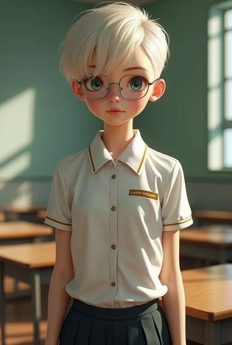 (Muscular:1.9), 1girl, elegant bearing, small, slender muscle build, tall height, muscle shoulders, pale skin dotted by freckles, short platinum blonde hair, (((pixie cut hairstyle))), (((boyish hair))), (dark green eyes), silver glasses, cute facial featu...