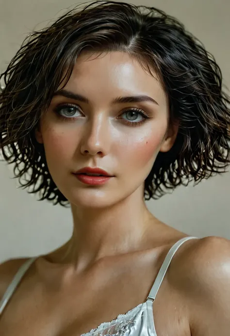 1girl, Solo, Short Hair, wavy hair, black hairClose-Up, Breasts, 1, serbian woman