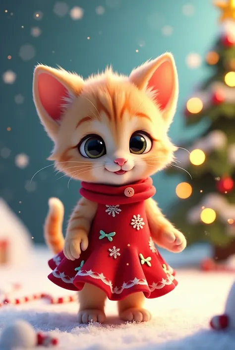 A kitten on Christmas dress, 3d pixer style, Disney cartoon 