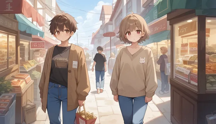 ((appearance:Brown Hair、Shoulder-length hair、Fluffy Hair、Small brown eyes with a shiny look that reflects light、Droopy eyes、Thin outline)、(clothing;A loose light brown cardigan、Dark brown sweater、Blue jeans pants))、is shopping with her daughter、(place:Ston...