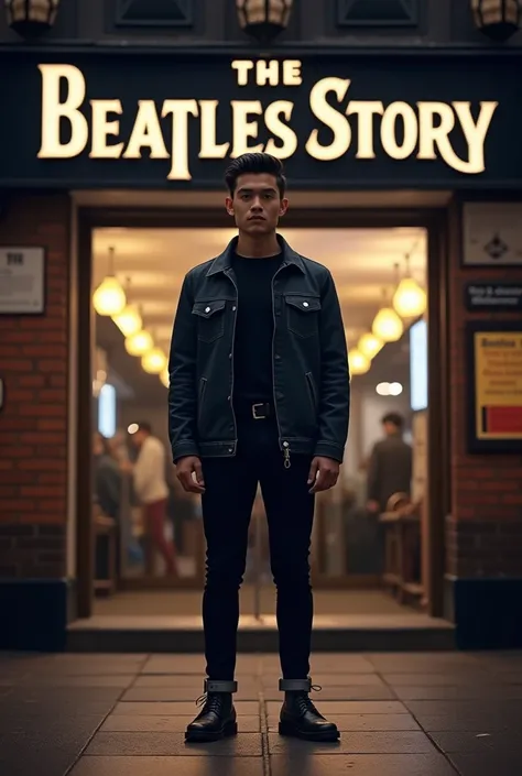 make a realistic photo, full body shot handsome man from Indonesia aged 30 years, he has a sharp oval face and 172 cm tall, weight 80kg, two block hairstyle, use a jacket with shoes, when it midnight like in real life. background photo in the beatles story...