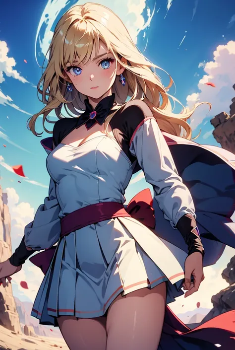 
Masterpiece, Best  Quality, Detail, a beautiful magical girl small breasts long blonde hair blue eyes sceptre pleated skirt a bright light emanates from her 