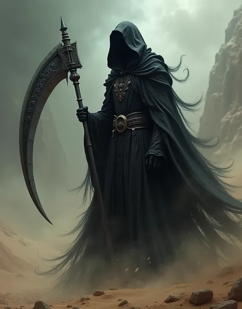 An incredibly cool Grim Reaper、Swinging a Scythe、Crime and Punishment、Cool and handsome、dark、An elaborate composition、Old black hood、A desolate world swept by sandstorms、