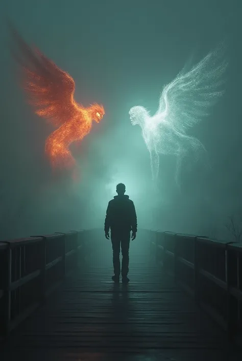 man on a bridge, dark and foggy scenery, flaming devil on your left, sparkling angel on your right