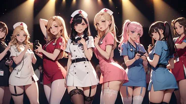 Masterpiece, super high quality anime style illustration, 8K, very beautiful 20 year old ((five female nurses)), ((five very beautiful girls)) ((dancing happily))), ((holding game controllers)), stage-like lighting, colorful hair, colorful eyes, pink lips,...