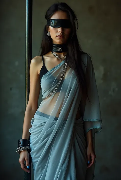 Kriti sanon Bondage bdsm in  grey and blue translucent shimmering saree, handcuffed and black collar chained to pole , locked collar, and hands tied behind the back in handcuffs behind the back,  blindfolded 