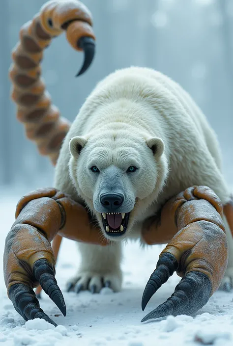 "Create an image of a hybrid between a polar bear and a scorpion, combining their lethal characteristics. The hybrid should have the massive, muscular body of a polar bear, covered in white fur, but with the long, segmented tail of a scorpion, ending in a ...